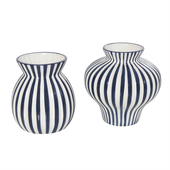 Blue Ceramic Striped Rounded Vase with Varying Shapes Set of 2 8