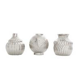 Silver Ceramic Abstract Small Textured Vase with Varying Shapes and Patterns Set of 3 - 5"W, 6"H