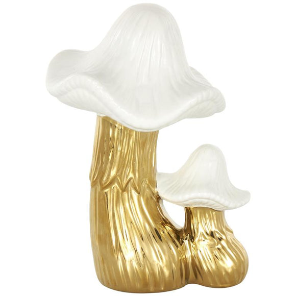 Gold Ceramic Mushroom Sculpture with White Tops and Textured Grooves - 7