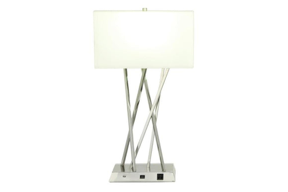 Modern Style Metal Table Lamp with Rectangular White Drum Shade, USB Plug & Power Outlet | 16