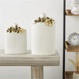 White Ceramic Vase with Abastract Spotted Pattern and Gold Leaf Accents Set of 2 16"x 12"H