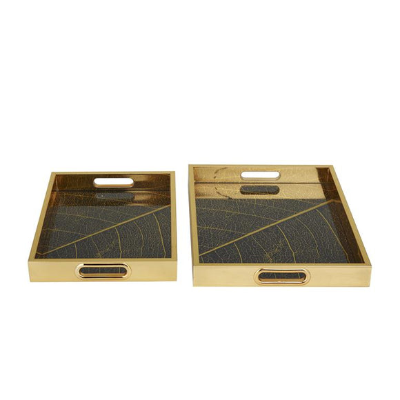 Gold Plastic Geometric Tray with Black Glass - Set of 2 16