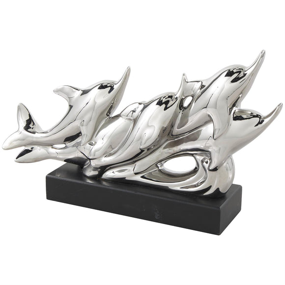 Silver Ceramic Dolphin Sculpture with Black Block Base - 15
