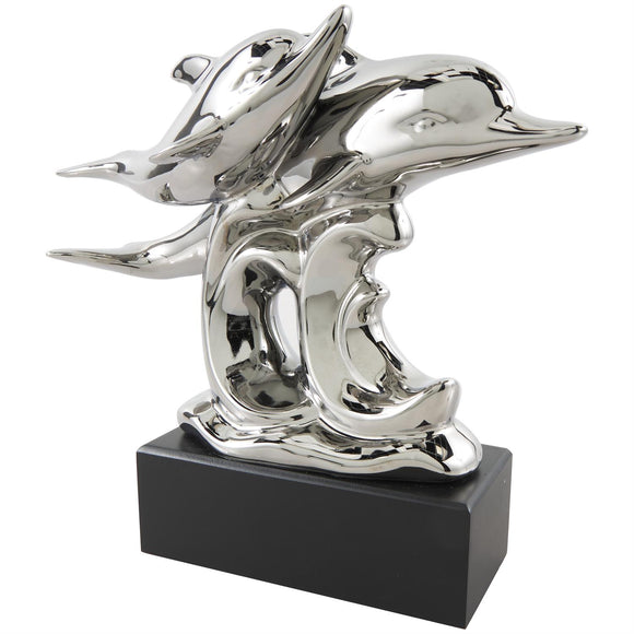 Silver Ceramic Dolphin Sculpture with Black Block Base - 10