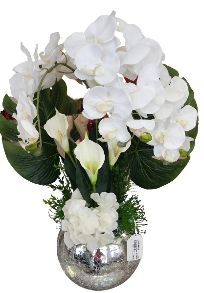 Orchids and Natural Wood in Mirror Vase - Floral & Greenery