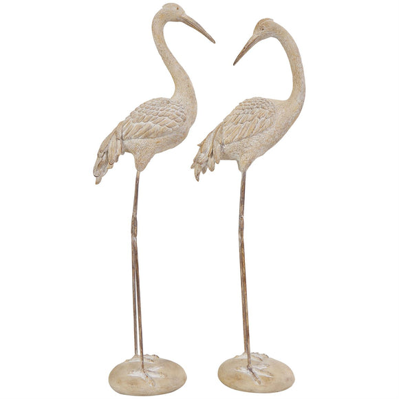 Cream Polystone Bird Tall Carved Crane Sculpture with Long Legs Set of 2 28