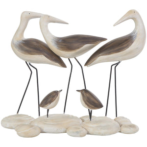 Brown Polystone Bird Family Sculpture with Cream Rock Base - 14" X 5" X 12"