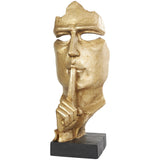 Gold Polystone Abstract Large Cutout Quiet Gesture Face Sculpture with Black Base - 14" X 15" X 40"