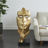 Gold Polystone Abstract Large Cutout Quiet Gesture Face Sculpture with Black Base - 14" X 15" X 40"
