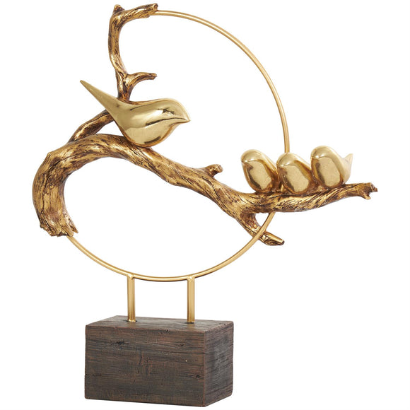 Gold Polystone Bird Family on a Branch Sculpture with Brown Block Base - 15
