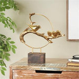 Gold Polystone Bird Family on a Branch Sculpture with Brown Block Base - 15" X 4" X 16"
