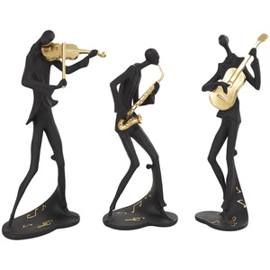 Black Polystone Musician Abstract Sculpture with Gold Instrumets and Music Notes - Set of 3