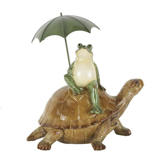 Bronze Resin Frog Sitting Sculpture with Umbrella and Brown Walking Turtle - 11
