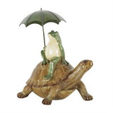 Bronze Resin Frog Sitting Sculpture with Umbrella and Brown Walking Turtle - 11" X 7" X 12"