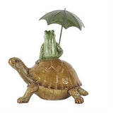 Bronze Resin Frog Sitting Sculpture with Umbrella and Brown Walking Turtle - 11" X 7" X 12"
