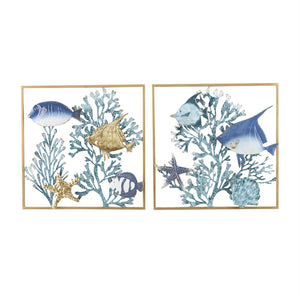 Metal Art -  Fish with Gold Frames and Coral Background Set of 2 - 20"W x 20"H