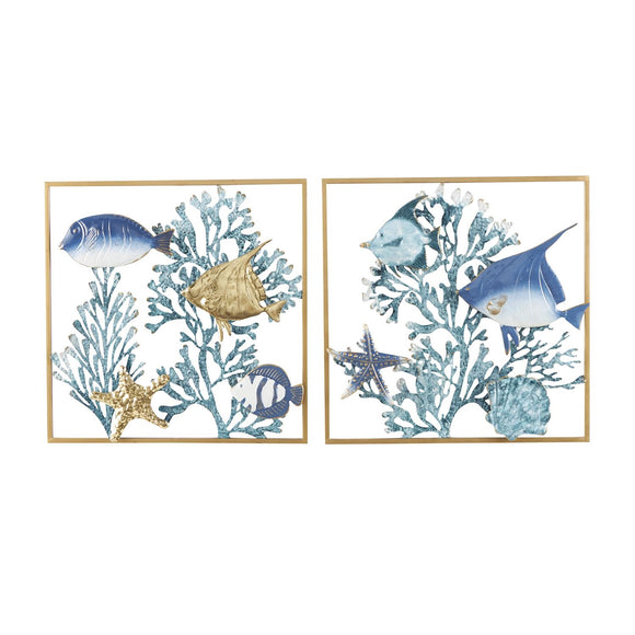 Metal Art -  Fish with Gold Frames and Coral Background Set of 2 - 20