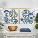 Metal Art -  Fish with Gold Frames and Coral Background Set of 2 - 20"W x 20"H