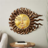 Copper Metal Sun Wall Decor with Gold Sun Face and Folded Wavy Rays, 30" x 3" x 24"