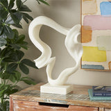 White Polystone Abstract Twisted Wave Sculpture with Elevated Base - 14" X 7" X 20"