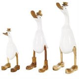 White Bamboo Wood Duck Sculpture with Brown Top Hats and Shoes