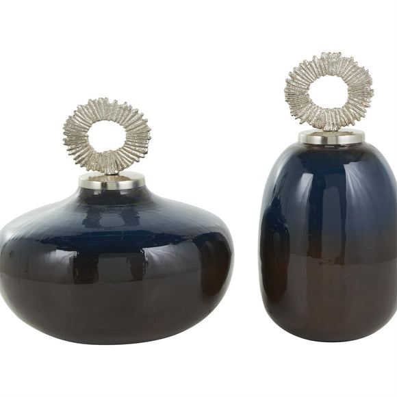 Blue Metal Ombre Dedocarative Jars with Brown Accents and Silver Ring Handles Set of 2 11