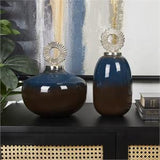 Blue Metal Ombre Dedocarative Jars with Brown Accents and Silver Ring Handles Set of 2 11"x 13"H