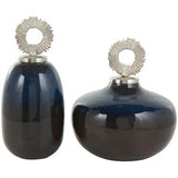 Blue Metal Ombre Dedocarative Jars with Brown Accents and Silver Ring Handles Set of 2 11"x 13"H