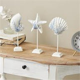 White Polystone Sea Life Shell and Starfish Sculpture with Blue Coral Patterns Set of 3