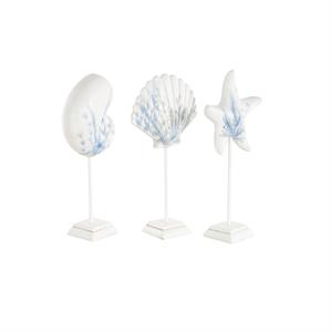 White Polystone Sea Life Shell and Starfish Sculpture with Blue Coral Patterns Set of 3