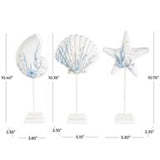 White Polystone Sea Life Shell and Starfish Sculpture with Blue Coral Patterns Set of 3