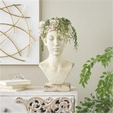 Cream Magnesium Oxide Woman Distressed Antique Greek Bust Planter with Floral Accents