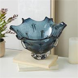 Dark Blue Glass Tulip Shaped Ombre Decorative Bowl with Bubble Texturing - 13" X 12" X 8"