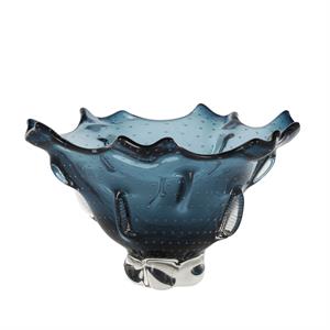 Dark Blue Glass Tulip Shaped Ombre Decorative Bowl with Bubble Texturing - 13" X 12" X 8"