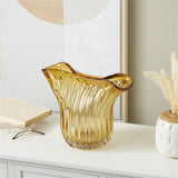 Orange Glass Abstract Ribbed Ombre Decorative Vase with Folded Curve Opening