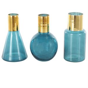 Blue Glass Handmade Tinted Vase with Gold Rim Set Of 3