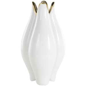 White Ceramic Dimensional Tulip Shaped Vase with Metallic Gold Rim