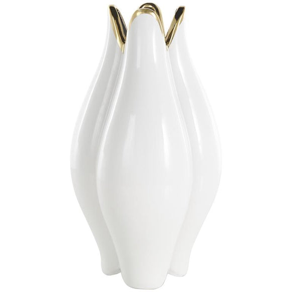 White Ceramic Dimensional Tulip Shaped Vase with Metallic Gold Rim