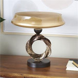 Brown Glass Wide Brushed Decorative Bowl with Textured Bronze and Black Ring Base