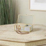 Clear Glass Jewelry Box with Gold Metal Frame and Gray Fabric Interior with Ring Slots