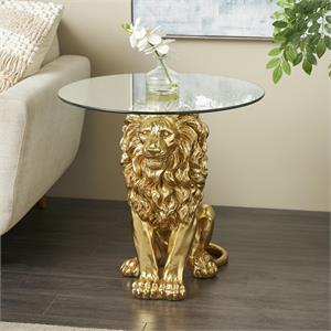 Gold Resin Lion Sitting Accent Table with Glass Tabletop, 24