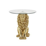 Gold Resin Lion Sitting Accent Table with Glass Tabletop, 24" x 27" x 24"