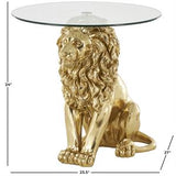 Gold Resin Lion Sitting Accent Table with Glass Tabletop, 24" x 27" x 24"