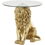 Gold Resin Lion Sitting Accent Table with Glass Tabletop, 24" x 27" x 24"