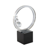 Modern Clear Crystal Ring Sculpture with Glass Spheres & Black Base