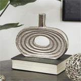 Silver Aluminum Geometric Circular Vase with Linear Etchings, 12" X 2" X 10"