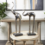 Silver Aluminum Elephant Tall Slim Sculpture with Black Marble Base - Set of 2 24",18"H