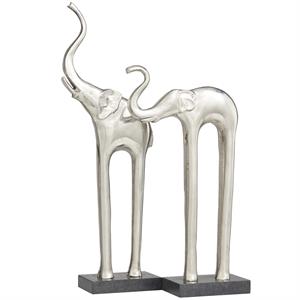 Silver Aluminum Elephant Tall Slim Sculpture with Black Marble Base - Set of 2 24
