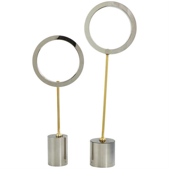Silver Glass Geometric Round Hoop Sculpture with Gold Stands and Clear Cylinder Bases Set of 2 20