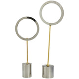 Silver Glass Geometric Round Hoop Sculpture with Gold Stands and Clear Cylinder Bases Set of 2 20"x 16"H
